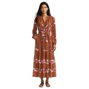 Lands' End 2X Rust Floral Boho Midi Dress 20W 22W Pockets Bishop Sleeve